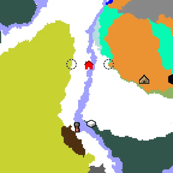 Overworld biome map of seed 6742231963009256 around spawn at Y 0, with the abandoned camp and sulfur caves and dappled forest marked