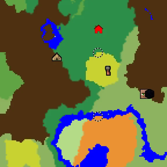 Overworld biome map of seed 7778802864780158 around spawn at Y 0, with the abandoned camp and sulfur caves and dappled forest marked