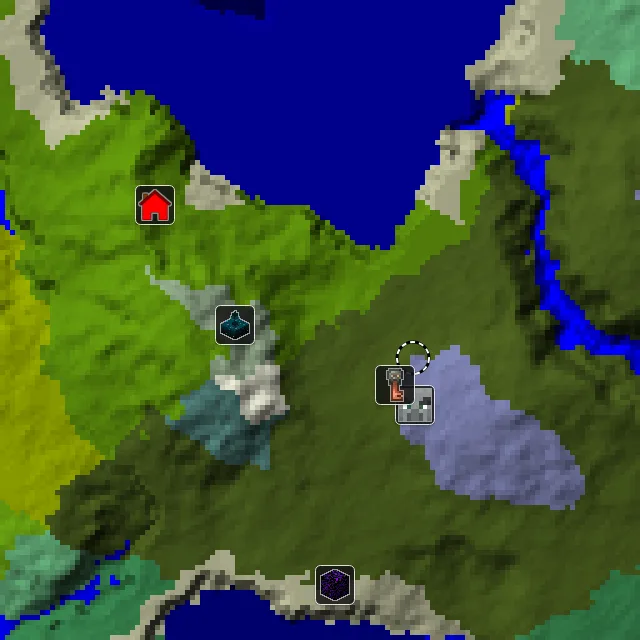Overworld biome map of seed 13184449875339734 around spawn, with the mansion and pale garden and ancient city marked