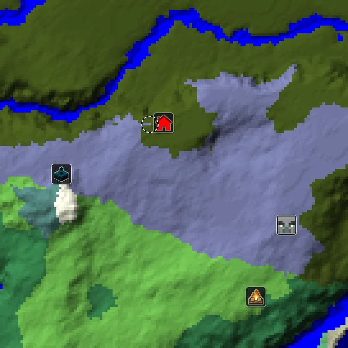Overworld biome map of seed 25416132574126329 around spawn, with the mansion and pale garden and ancient city marked