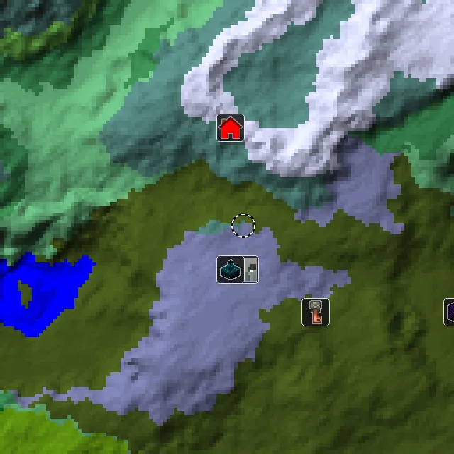 Overworld biome map of seed 2844252839886537 around spawn, with the mansion and pale garden and ancient city marked