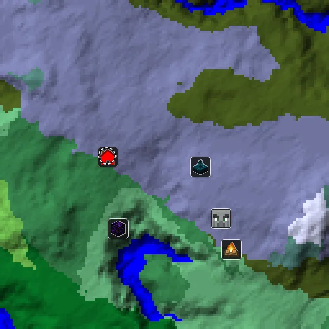 Overworld biome map of seed 37303615586046277 around spawn, with the mansion and pale garden and ancient city marked