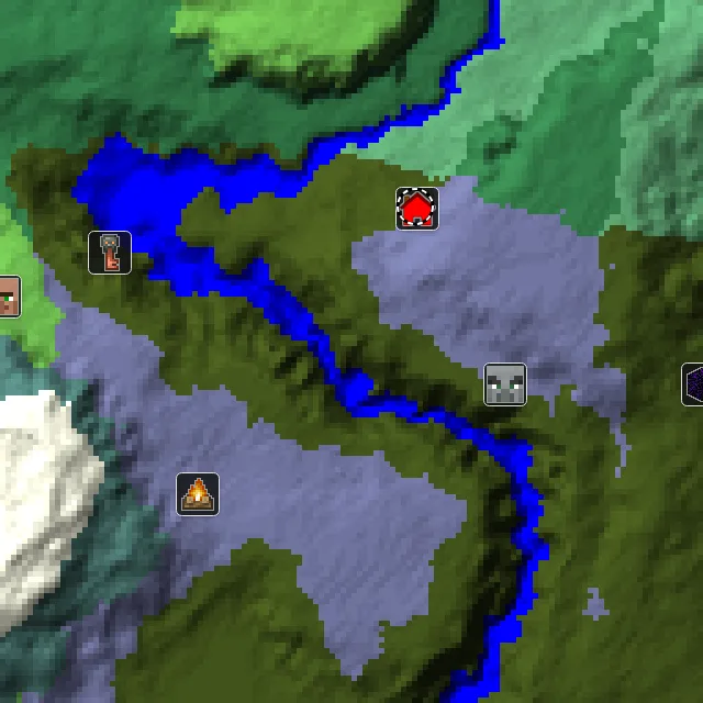 Overworld biome map of seed 37420909949145739 around spawn, with the mansion and pale garden and abandoned camp marked