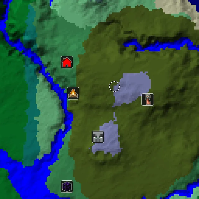 Overworld biome map of seed 5896709390245609 around spawn, with the mansion and pale garden and abandoned camp marked