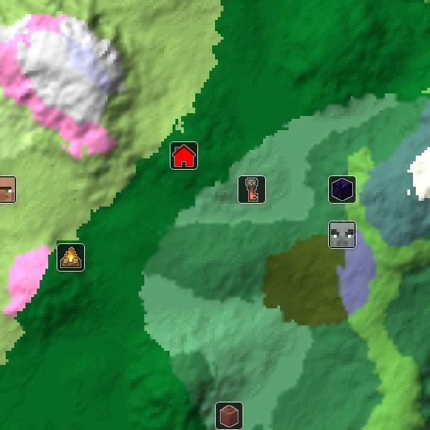 Overworld biome map of seed 68289171135178142 around spawn, with the mansion and pale garden and abandoned camp marked