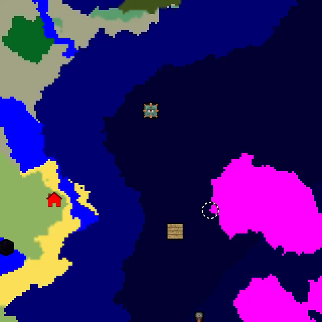Overworld biome map of seed 16669324208218993 around spawn, with the monument and mushroom fields marked