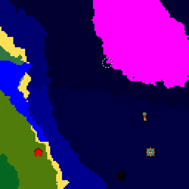 Overworld biome map of seed 17036737413726777 around spawn, with the monument and mushroom fields marked