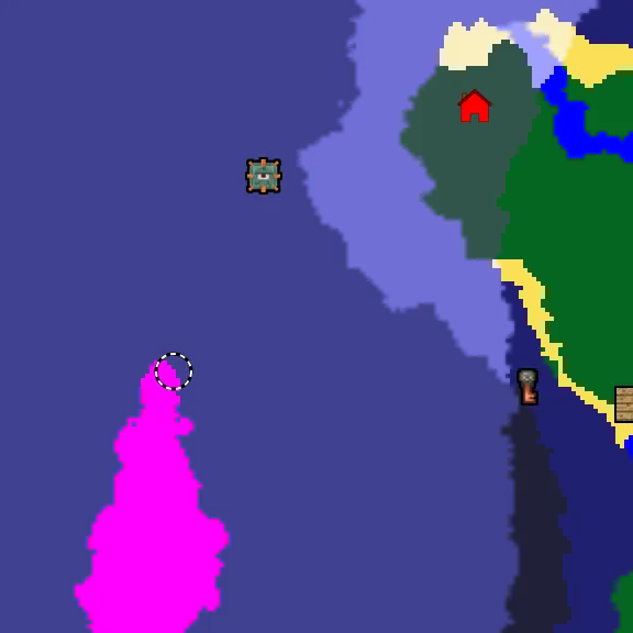 Overworld biome map of seed 29091098865339477 around spawn, with the monument and mushroom fields marked