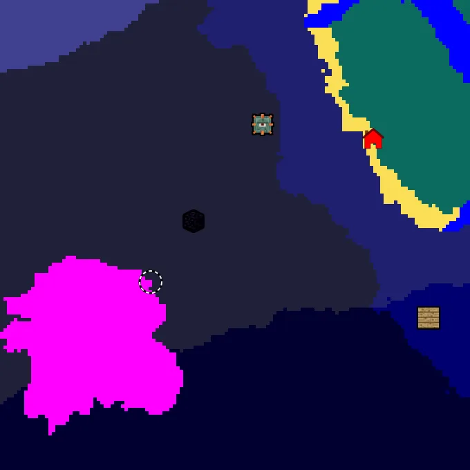 Overworld biome map of seed 3721475279528813 around spawn, with the monument and mushroom fields marked