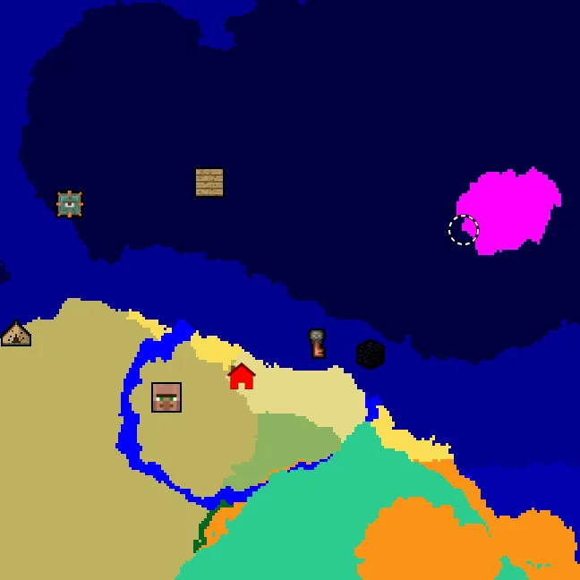 Overworld biome map of seed 41006135150685160 around spawn, with the monument and mushroom fields marked