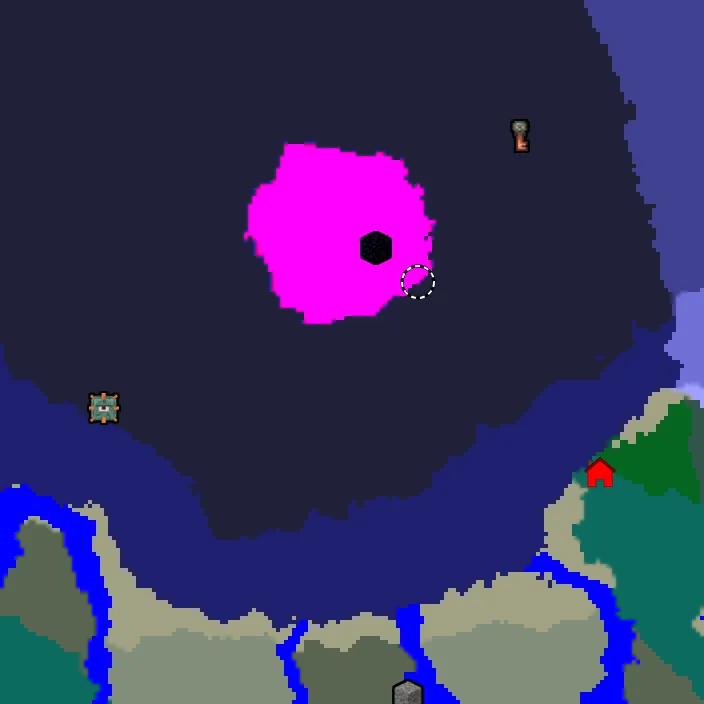 Overworld biome map of seed 7225203405476503 around spawn, with the monument and mushroom fields marked
