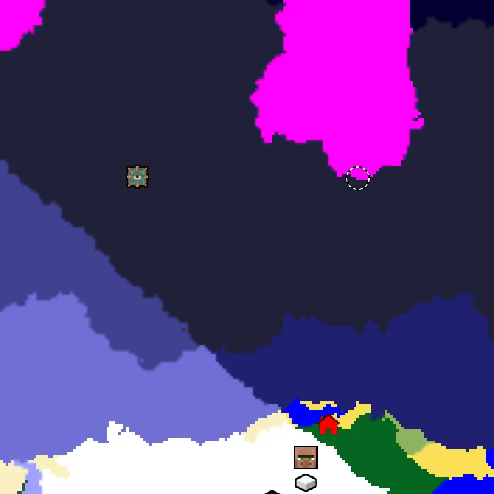 Overworld biome map of seed 876019281330649 around spawn, with the monument and mushroom fields marked