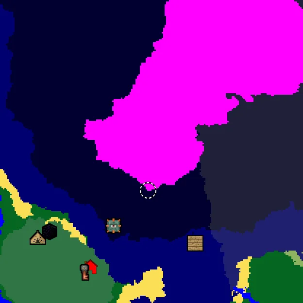 Overworld biome map of seed 9491458190862961 around spawn, with the monument and mushroom fields marked