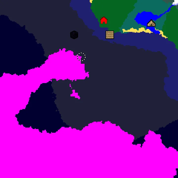 Overworld biome map of seed -4291225404178966385 around spawn, with the mushroom fields marked