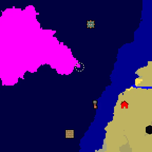 Overworld biome map of seed -5222399596891977076 around spawn, with the mushroom fields marked