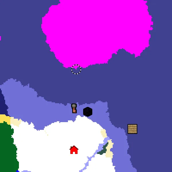 Overworld biome map of seed -7222111417440254417 around spawn, with the mushroom fields marked