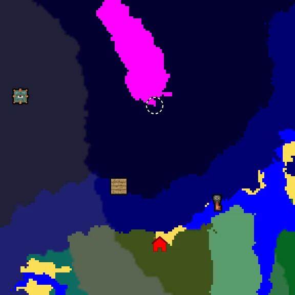 Overworld biome map of seed -8531640712777030001 around spawn, with the mushroom fields marked