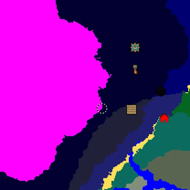 Overworld biome map of seed -963374613974828980 around spawn, with the mushroom fields marked