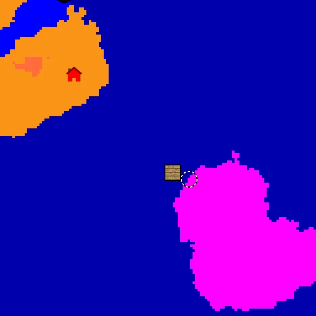 Overworld biome map of seed 3178074831328762545 around spawn, with the mushroom fields marked