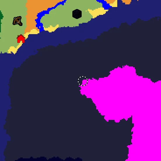 Overworld biome map of seed 5096040350616420880 around spawn, with the mushroom fields marked