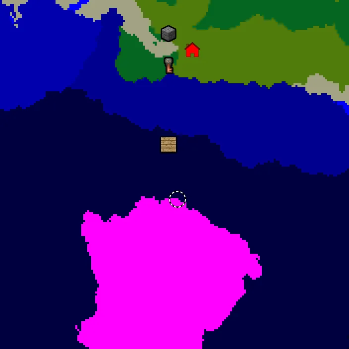 Overworld biome map of seed 5752332856810546851 around spawn, with the mushroom fields marked