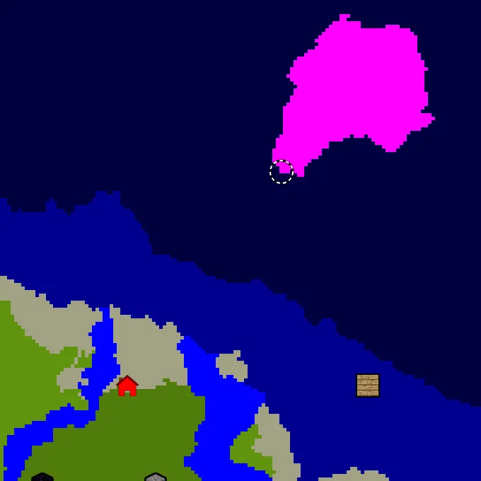 Overworld biome map of seed 7538941640283757942 around spawn, with the mushroom fields marked