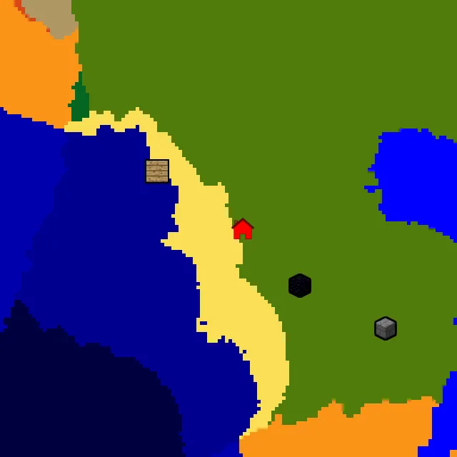 Overworld biome map of seed 1282831805522879 around spawn, with the shipwreck and ruined portal marked