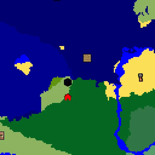 Overworld biome map of seed 150790707761055 around spawn, with the shipwreck and ruined portal marked