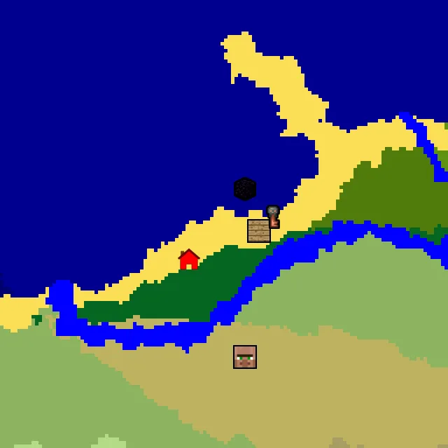 Overworld biome map of seed 253918772807666 around spawn, with the shipwreck and ruined portal marked