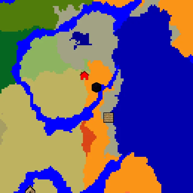 Overworld biome map of seed 59908773697188 around spawn, with the shipwreck and ruined portal marked