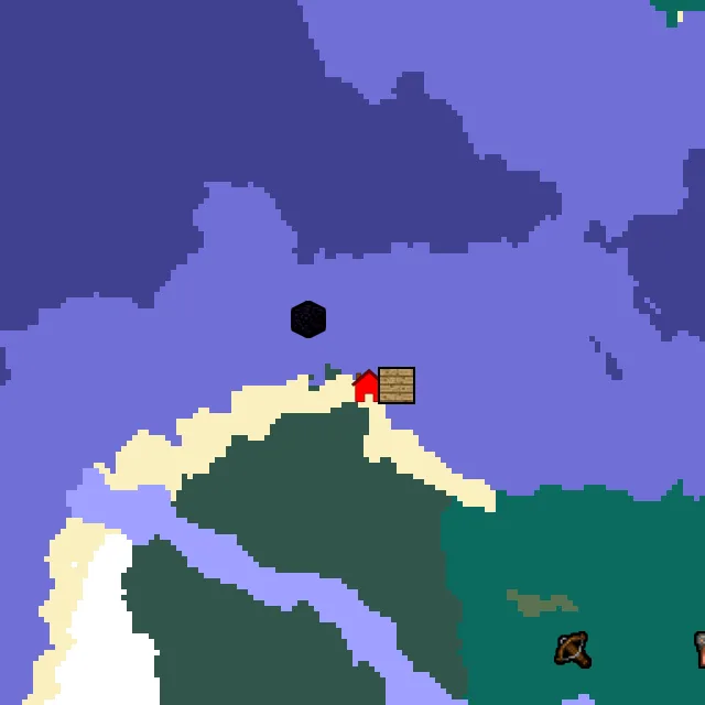 Overworld biome map of seed 662855608430780 around spawn, with the shipwreck and ruined portal marked