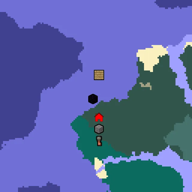 Overworld biome map of seed 719881852101585 around spawn, with the shipwreck and ruined portal marked