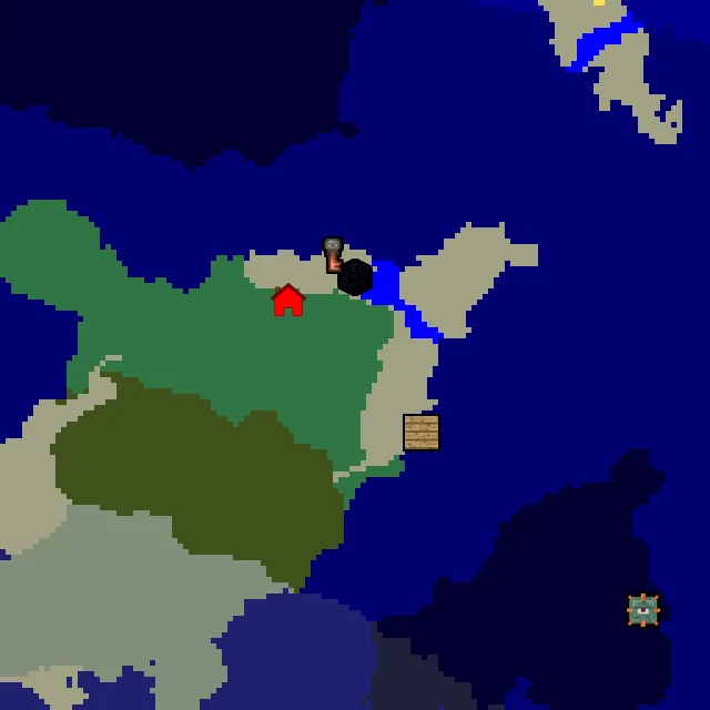Overworld biome map of seed 839695448267121 around spawn, with the shipwreck and ruined portal marked