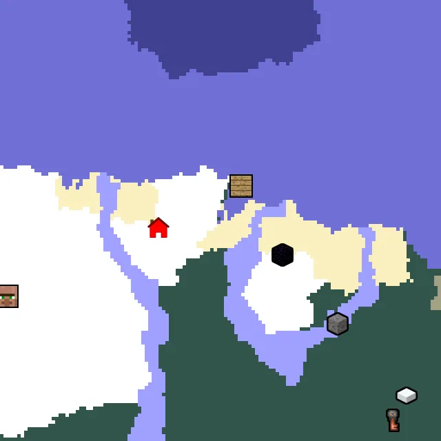 Overworld biome map of seed 992439917676055 around spawn, with the shipwreck and ruined portal marked