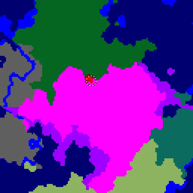 Overworld biome map of seed -7205505054296843658 around spawn, with the mushroom fields marked
