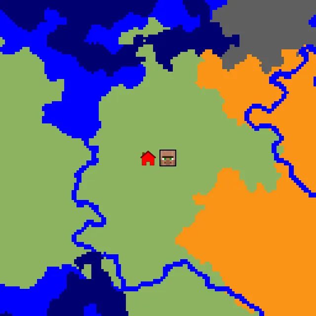 Overworld biome map of seed 152835209702957 around spawn, with the village marked