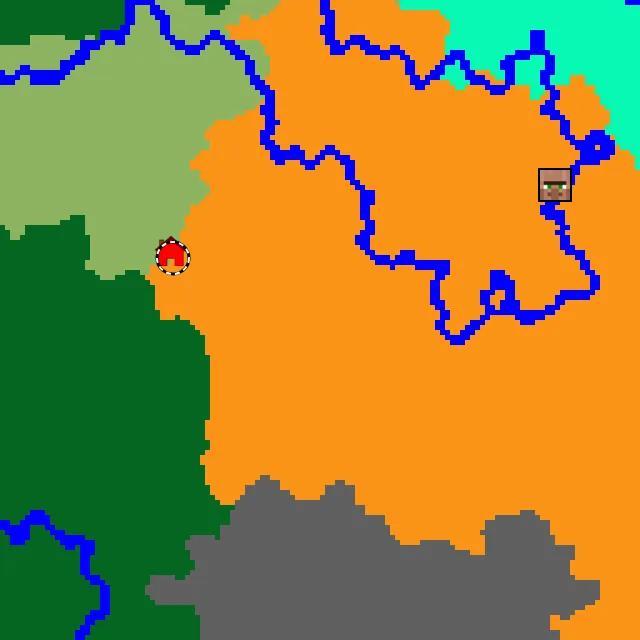 Overworld biome map of seed 3055880173004293315 around spawn, with the desert marked