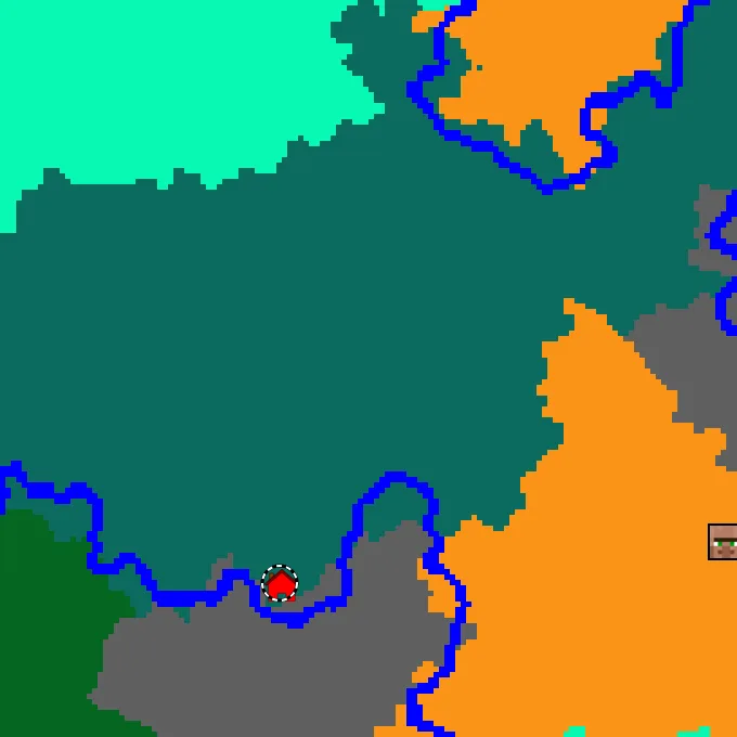 Overworld biome map of seed 4128597885991018842 around spawn, with the taiga marked