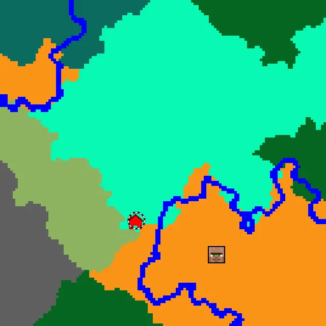 Overworld biome map of seed 6720792047106446631 around spawn, with the swamp marked