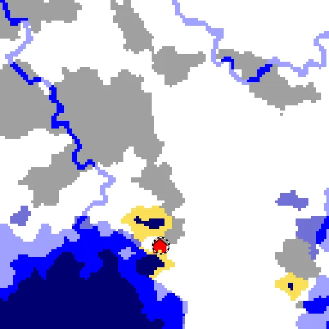 Overworld biome map of seed -135009531167087226 around spawn, with the snowy plains marked