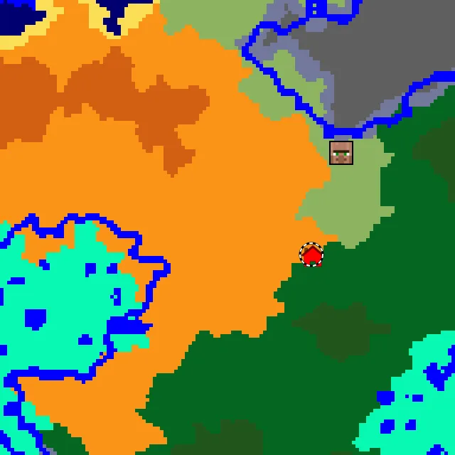 Overworld biome map of seed -1372525697874260298 around spawn, with the desert marked