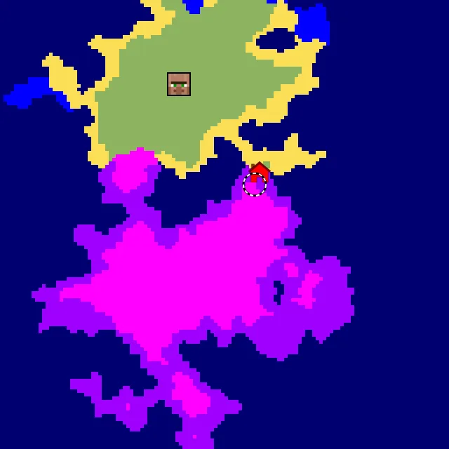 Overworld biome map of seed -5183503660708134456 around spawn, with the mushroom fields marked