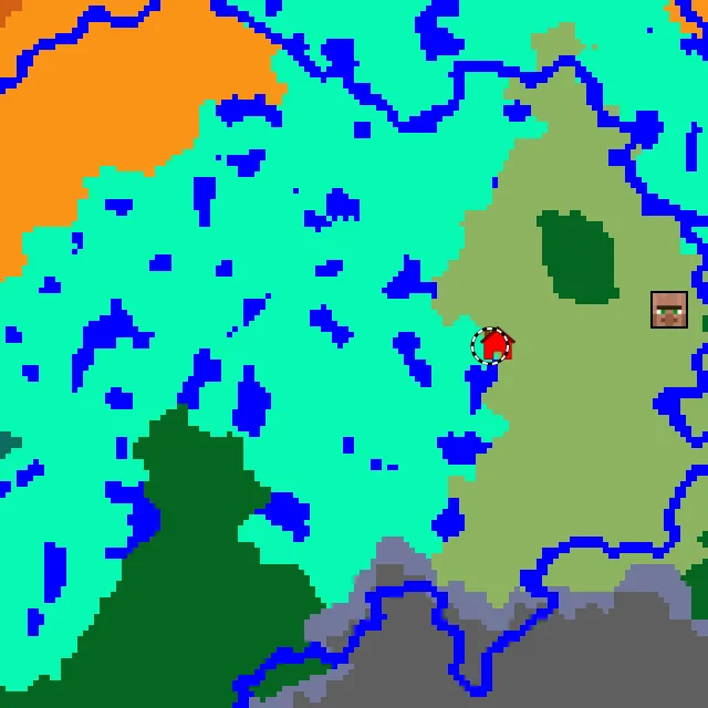 Overworld biome map of seed -965119549516534856 around spawn, with the swamp marked
