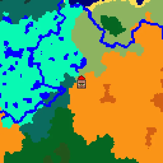 Overworld biome map of seed 472484934799810 around spawn, with the village marked