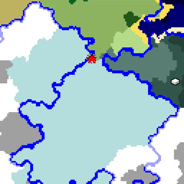 Overworld biome map of seed -1806678656466253817 around spawn, with the ice spikes marked