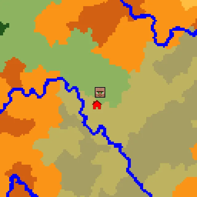 Overworld biome map of seed 558200305492259 around spawn, with the village marked