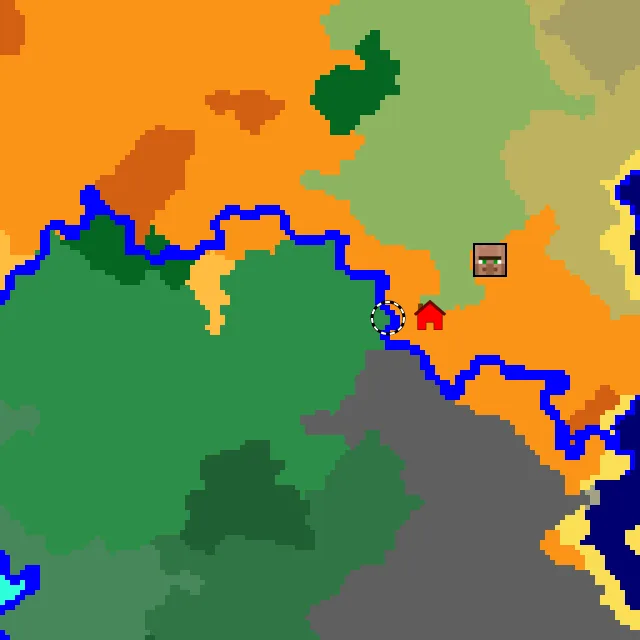 Overworld biome map of seed 725140249779384 around spawn, with the village and flower forest marked