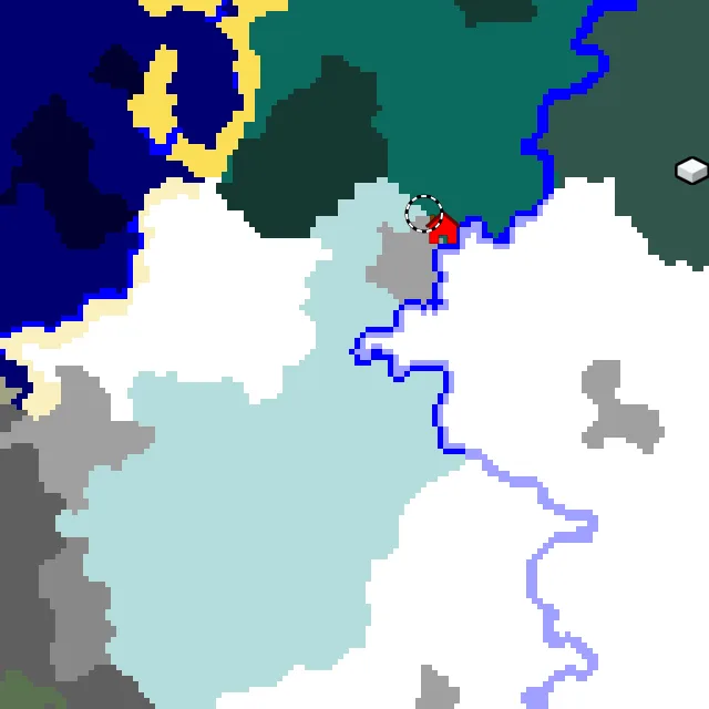 Overworld biome map of seed -5943850969392223638 around spawn, with the ice spikes marked