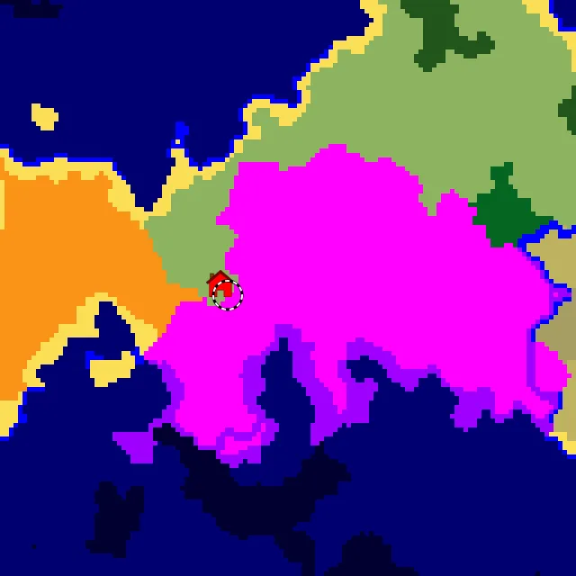 Overworld biome map of seed 1170209690706974851 around spawn, with the mushroom fields marked