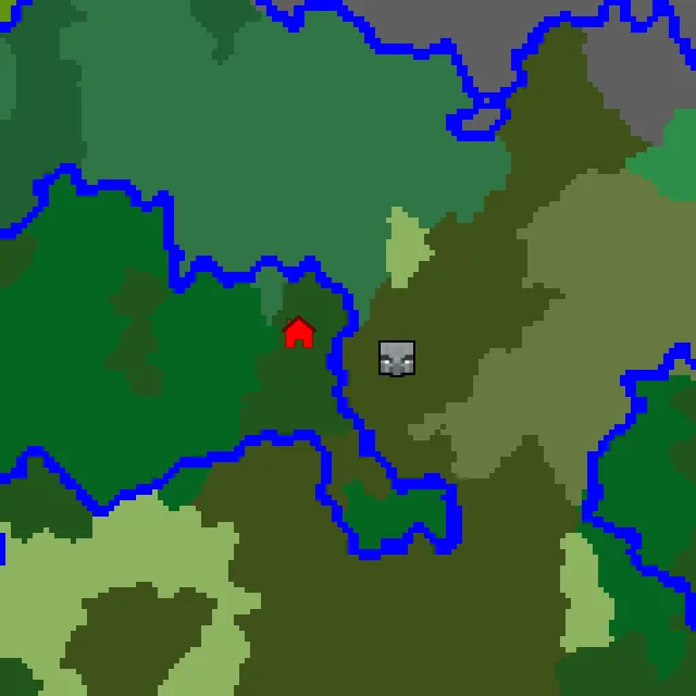 Overworld biome map of seed 31465127481207755 around spawn, with the mansion marked